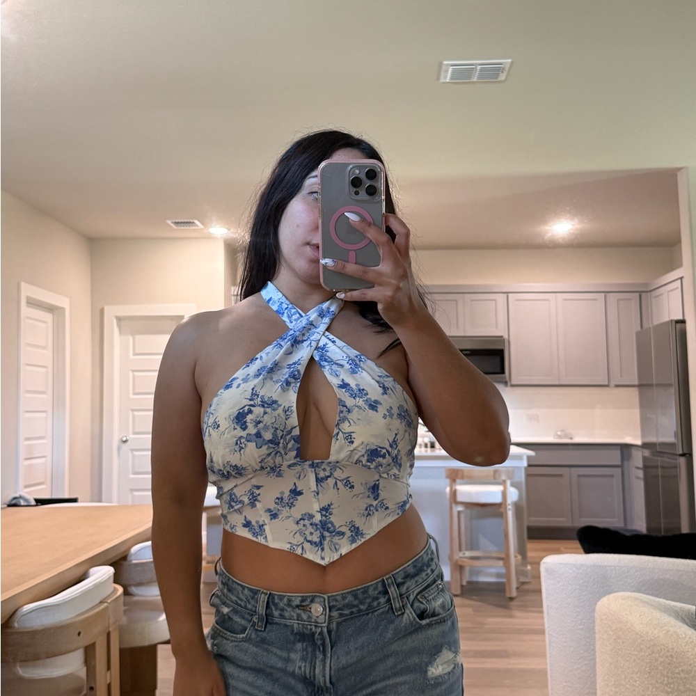 Floral Cross-Halter Crop Top in Cream and Blue